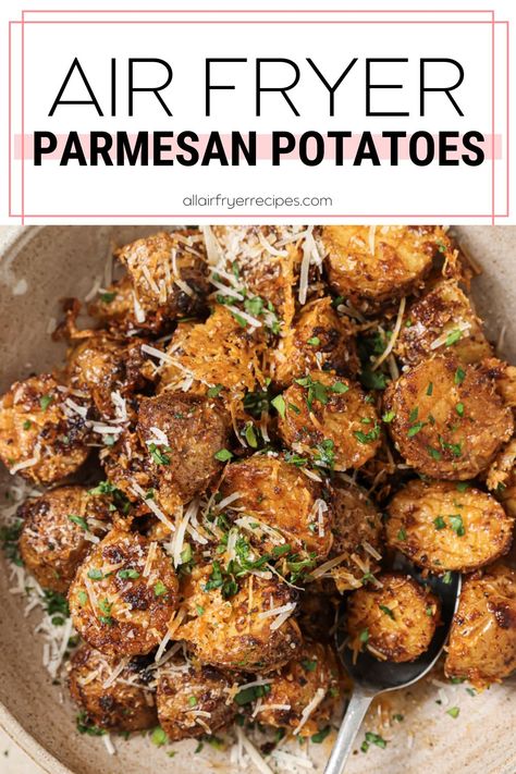 air fryer parmesan potatoes in a bowl with a spoon Air Fryer Baked Potatoes Time, Cheesy Air Fryer Potatoes, Air Fryer Parmesan Potatoes, Parmesan Potatoes Air Fryer, Potatoes In Air Fryer, Potatoes Air Fryer, Homemade Big Mac Sauce, Air Fryer Potatoes, Parmesan Crusted Potatoes