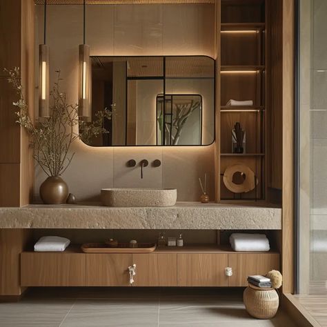 Japandi Master Bath, Japandi Restroom, Japandi Bathroom Vanity, Luxurious Bathrooms Master Baths, Japandi Powder Room, Japandi Luxury, Japandi Condo, Hotel Bathroom Design Luxury, Japandi Bathroom Small