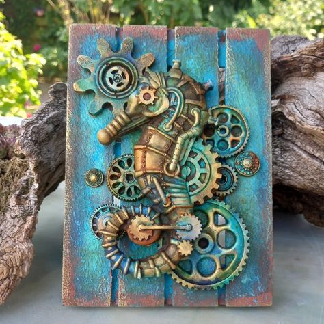 Steampunk Seahorse, Steampunk Tags, Gesso Art, Steampunk Mixed Media Art, Steampunk Journal, Steampunk Cards, Framing Canvas Art, Steampunk Wall Art, Finnabair Art