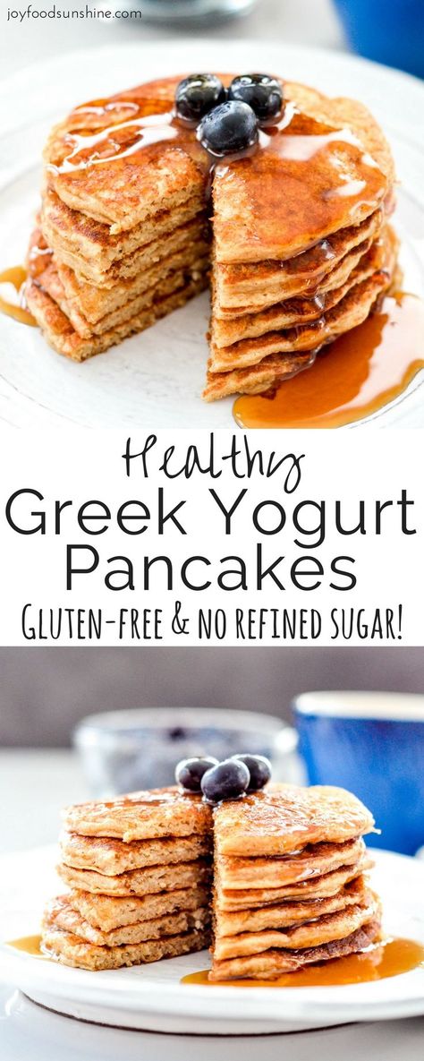 Healthy Greek Yogurt Pancakes! An easy, delicious and nutritious pancake recipe for the whole family! Gluten-free, refined sugar free and freezer-friendly! Greek Yogurt Pancakes, Yogurt Pancakes, Healthy Pancakes, Healthy Greek Yogurt, Healthy Breakfast Recipes Easy, Clean Eating Breakfast, Breakfast Healthy, Pancakes Easy, Pancakes Healthy