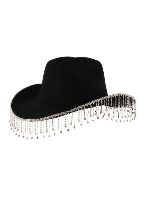 1pc (cowboy Hat) Luxurious Rhinestone & Tassel & Bead Decoration Denim Hat For Women. Perfect For Parties, Performances, And Stage ShowsI discovered amazing products on SHEIN.com, come check them out! Cher 80s, Embellished Cowboy Hat, Sombrero Cowboy, Fedora Hat For Women, Denim Party, Women Fedora, Black Cowboy Hat, Tassel Decor, Bridal Hat