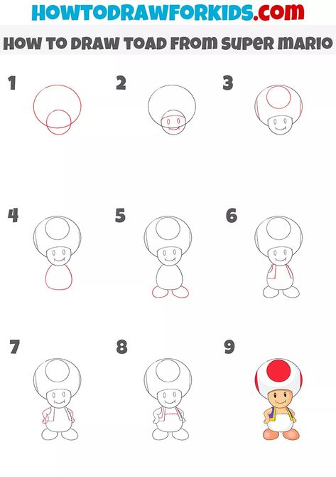 How to Draw Toad from Super Mario - Drawing Tutorial For Kids Drawing Mario Bros, Mario Colored Pencil Drawing, How To Draw Toad Step By Step, How To Draw Mario Bros, How To Draw Toad From Mario, How To Draw Super Mario Step By Step, How To Draw Luigi Step By Step, Toad Art Mario, Toad From Mario Drawing