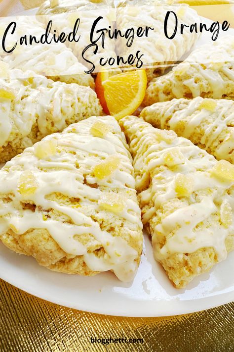 These Candied Ginger Orange Scones are tender, buttery, and filled with crystalized ginger and fresh orange zest. Topped with a delicious sweet and zingy orange glaze and more candied ginger, these scones are perfect to enjoy with your coffee or tea. Gf Scones, Ginger Scones, Crystalized Ginger, Orange Scones Recipe, Scone Recipes, Orange Scones, Chocolate Pairings, Orange Glaze, Candied Ginger