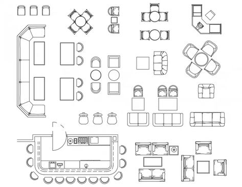 Furniture cad blocks for bar and restaurant cad drawing details that includes a detailed view of multiple bar and restaurant furniture with bar counter, multiple dining tables, waiting area sofa set, cafeteria tables, bat table, refrigerator, bar stands, bottle stands, people blocks, bottle opener etc for multi purpose uses for cad projects. Table Sketch, Cad Blocks Free, Restaurant Layout, Cafeteria Table, Drawing Furniture, Bar Plans, Cafe Table, Cafe Furniture, Incredible Art