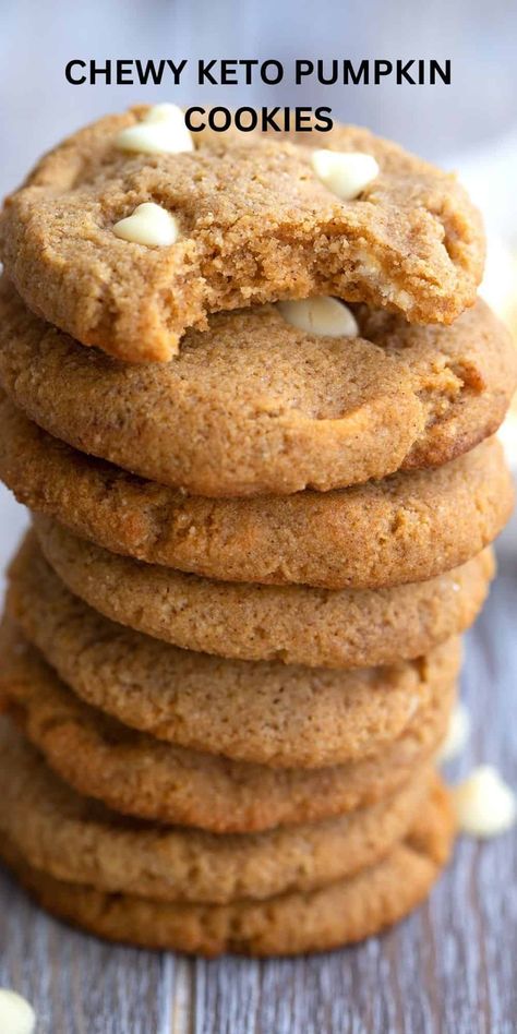 These tender keto pumpkin cookies are studded with sugar free white chocolate chips. Chewy and soft, they are destined to become your new favorite fall dessert. Keto Pumpkin Spice Cookies, Keto Pumpkin Cheesecake Cookies, Healthy Keto Cookies, Low Sugar Pumpkin Cookies, Keto Oatmeal Chocolate Chip Cookies, Low Carb Sugar Cookies, Chewy Keto Cookies, Gluten Free Keto Cookies, Desserts Made With Stevia