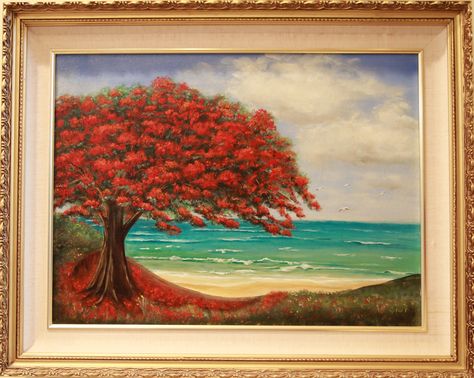 This is a painting of a Flamboyan (Flame) tree by a beach in Puerto Rico. Puerto Rico Watercolor, Puerto Rico Art Paint, Flamboyan Tree Puerto Rico Painting, Puerto Rico Wall Art, Barbados Cherry Tree, Flame Tree, Puerto Rico Art, Tree Stencil, Caribbean Art