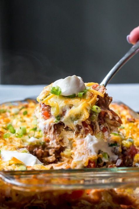 Shredded Taco Chicken, Taco Dip With Meat, King Ranch Casserole, 7 Layer Dip Recipe, King Ranch Chicken Casserole, Taco Chicken, King Ranch Chicken, Layered Dip Recipes, Layered Bean Dip