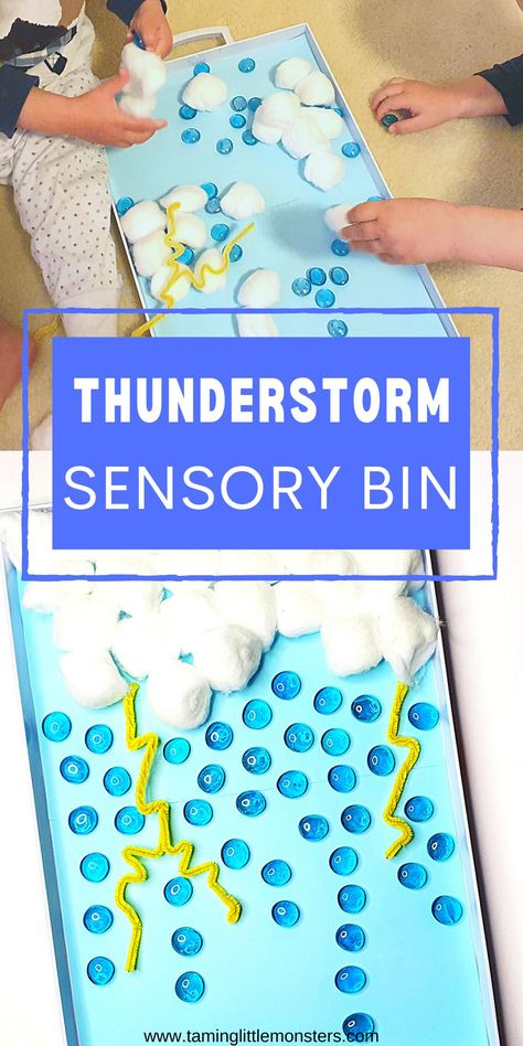 Learn about the weather with this Thunderstorm Sensory Bin. A fun and easy activity for toddlers and preschoolers to learn about clouds, rain, lightning and thunder. #weather #sensory #toddler #preschool Weather Sensory, Thunder Weather, Weather Lesson Plans, Weather Activities Preschool, Weather Activities For Kids, Weather Lessons, Weather Activity, Preschool Weather, Weather Crafts