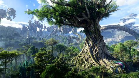 Avatar Navi Home Tree, Avatar Home Tree, Avatar Tree Of Souls Pandora, Avatar Landscape Pandora, Avatar Pandora Environment, Large Fantasy Tree, Frontiers Of Pandora, Avatar Navi, Hollow Earth