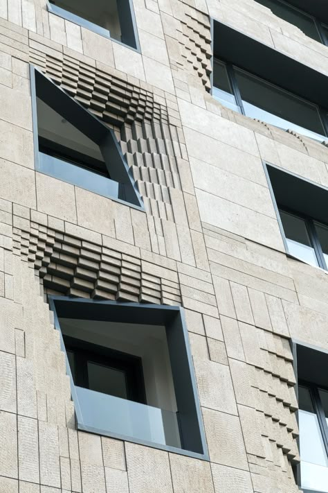 Softstone mid-rise office building in Te|Office Modern Office Building, Building Skin, Retail Facade, Facade Architecture Design, Architecture Facade, Stone Facade, Parametric Architecture, Tehran Iran, Brick Facade