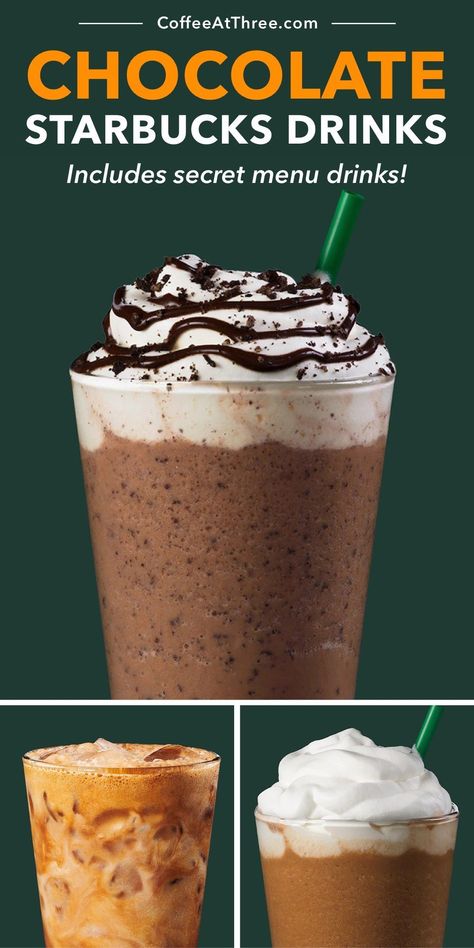 The complete guide to all of the Starbucks chocolate drinks, including secret menu items! #starbucks #starbuckssecretmenu #chocolatedrinks #mocha #starbucksmochadrinks Starbucks Chocolate Drinks, Mocha Drink Recipe, List Of Drinks, Frozen Coffee Drinks, Coffee Recipes Hot, Starbucks Chocolate, Drinks Starbucks, Hot Drinks Recipes, Secret Menu Items