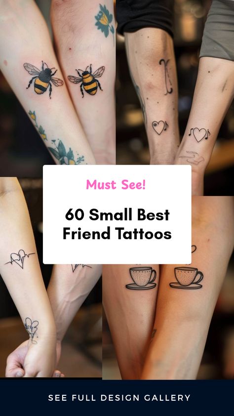 Explore 60 adorable small best friend tattoos designed to celebrate friendship. This pin showcases four amazing images to inspire you with cute tattoo ideas, including matching symbols and personalized designs perfect for friends. 4 Friend Tattoos Ideas, Tiny Best Friend Tattoos With Meaning, Friendship Tattoos For Two Meaningful, Best Friend Tattoos Tiny, Silly Matching Tattoos For Best Friends, Fun Best Friend Tattoos, Soulmate Tattoo Matching Best Friends, Friends Tattoo Ideas Friendship, Bff Tattoos Small Unique