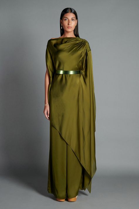 Drape Dresses Indian, Amit Aggarwal, Olive Dress, Olive Green Dresses, Asymmetric Dress, Indian Fashion Designers, Indo Western, Draped Dress, Asymmetrical Dress