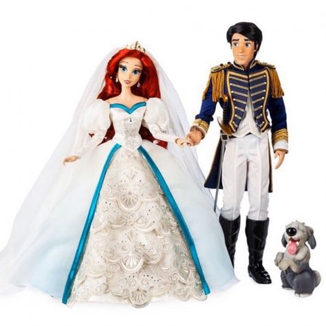 First images of new 30TH Anniversary Little Mermaid Limited Edition dolls Ariel And Prince Eric, Disney Princess Doll Collection, Ariel And Eric, Disney Barbie Dolls, Mermaid Movies, Ariel Doll, Storybook Wedding, Satin Bridal Gowns, Disney Princess Dolls