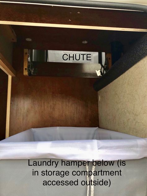 Dirty Clothes Storage In Camper, Laundry Storage In Rv, Camper Laundry Hamper Ideas, Rv Laundry Solutions, Rv Laundry Hamper Ideas, Rv Aesthetic, Rv Laundry, Dirty Laundry Storage, Renovated Rv