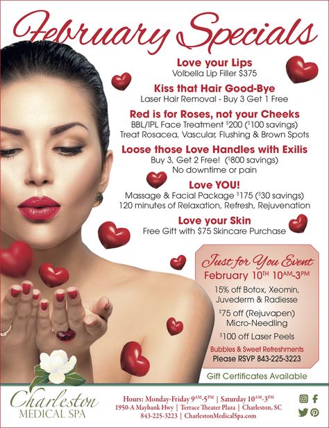 February Med Spa Specials, Medspa Valentines Day, Valentines Esthetician Specials, Valentine’s Day Salon Specials, Valentines Spa Specials, Valentines Specials For Salon, Valentine’s Day Spa Specials, Spa Event Ideas, Spa Promotion Ideas