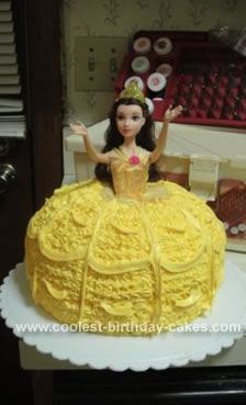 Homemade  Belle Cake: I made this Belle cake using a bundt pan and a 9 inch round pan. Put the bundt cake on top on round cake. I frosted smooth then used stars to make dress. Beauty And The Beast Cake, Beauty And The Beast Diy, Homemade Buttercream, Make Dress, Belle Cake, Cake Diy, Barbie Cake, Round Cake, Bundt Pan