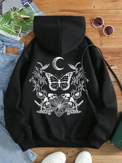 Black Casual Collar Long Sleeve Fabric Letter,Butterfly Pullovers Embellished Medium Stretch Fall/Winter Women Clothing Stylish Hoodie Outfit Women, Stylish Hoodie Women, Japanese Blossom, Alt Clothes, Drop Shoulder Hoodie, Thermal Hoodie, Stylish Hoodies, Women Sweatshirts, Lined Hoodie