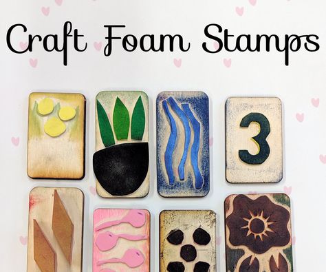 Create awesome stamps out of craft foam and a few other easy materials in less than an hour! Homemade Stamps, Potato Stamp, Printmaking Projects, Kids Stamps, Foam Stamps, Clay Stamps, Craft Foam, Stamp Carving, Handmade Stamps