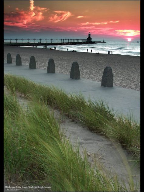 Michigan City Indiana.....sunset at the lighthouse. Indiana Sunset, Indiana Photography, Indiana Beach, Michigan Lighthouses, Michigan City Indiana, Lighthouse Pictures, Michigan City, Ohio River, The Lighthouse