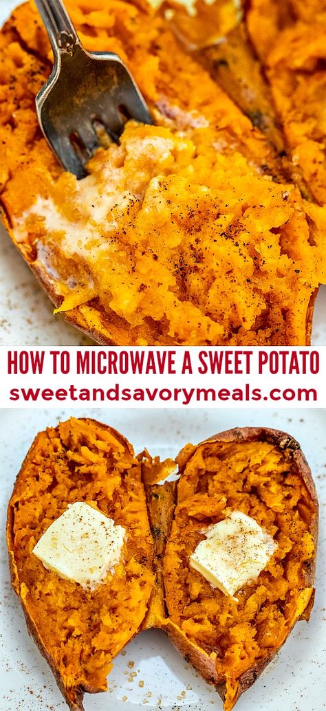 Microwave A Sweet Potato, Microwave Sweet Potato, Sweet Potato Toppings, Sweet Potato Cinnamon, Potato Toppings, Savory Meals, Cooking Sweet Potatoes, Quick Snack, Mashed Sweet Potatoes