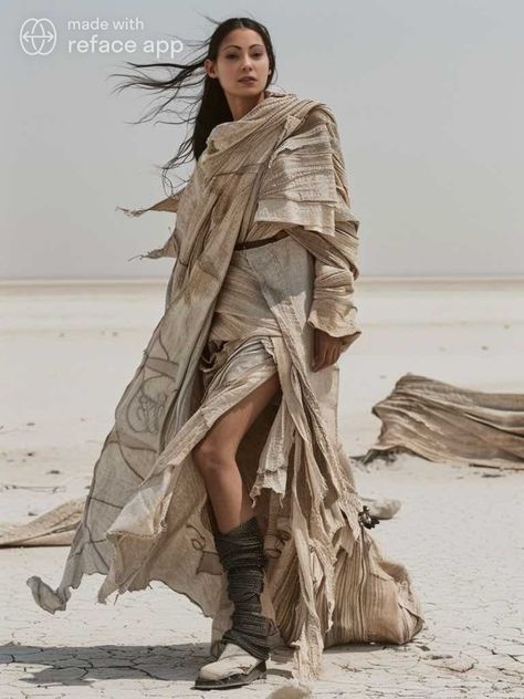 Desert Attire Women, Dystopian Fashion Character Inspiration, Dune Rave Outfit, Desert Cyberpunk, Desert Outfit Fantasy, Dune Costumes, Desert Clothes, Dystopian Clothes, Dune Fashion