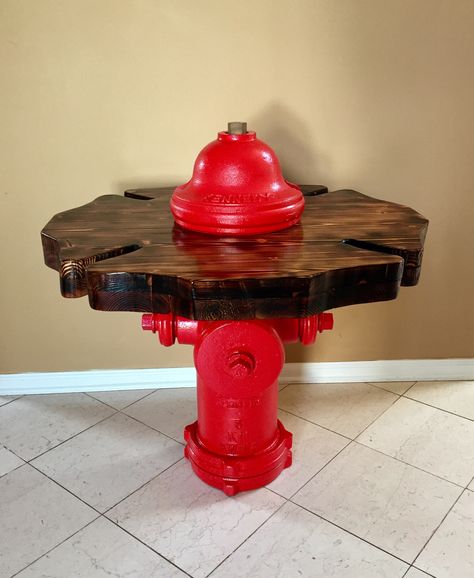 Fire Hydrant Table, Fire Hydrant Ideas, Firefighter Man Cave, Firefighter Crafts, Firefighter Home Decor, Fire Hydrants, Firefighter Decor, Fire Equipment, Fire Hose