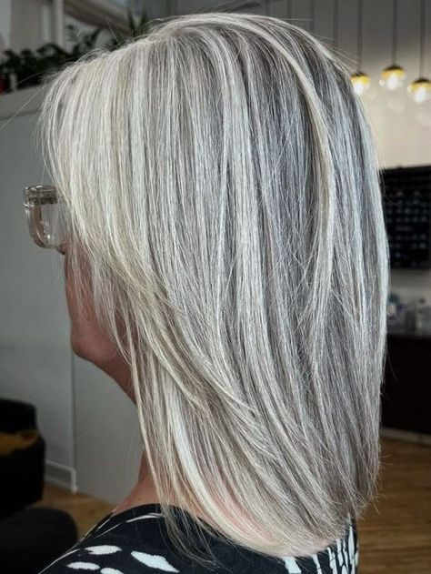 Medium Length Gray Hair Over 50 With Bangs, White Hair Shoulder Length, Long Salt And Pepper Hair Over 50, Shoulder Length Gray Hair With Layers, Long Gray Shag Hairstyles, Shoulder Length Hair Grey, Salt And Pepper Hair With Bangs, Medium Length Gray Hair With Layers, Medium Length Gray Hair Styles