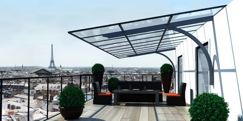 Modern steel and glass patio awning / canopy Black Pergola, Pergola Decorations, Mosquito Curtains, Corner Pergola, Small Pergola, Pergola Ideas, Metal Pergola, Pergola Attached To House, Wood Pergola