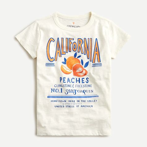 J.Crew: Girls' California Peaches T-shirt J Crew Outfits, Style At A Certain Age, Sunday Style, Crew Clothing, Top Graphic Tees, Supima Cotton, Mellow Yellow, White Denim, Everyday Style