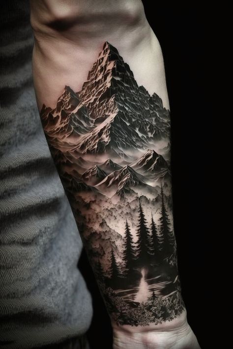 Mountain Sleeve Tattoo, Moutain Tattoos, Natur Tattoo Arm, Wilderness Tattoo, Mountain Tattoos, Mountain And Forest, Simple Forearm Tattoos, Forest Tattoo, Animal Sleeve Tattoo