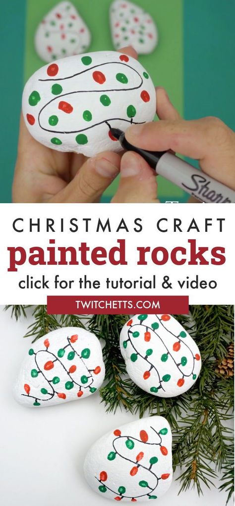 Learn how to make a Christmas Lights painted rock with these step by step instructions. This kid-friendly rock painting craft uses paint pens, so it's perfect for beginners. Let your preschoolers practice their fine motor skills while making a cute Christmas craft. Perfect for the classroom, holiday party, or crafting at home. #christmas #rockpainting #craftsforkids #twitchetts Rock Painting For Christmas, Rock Painting Christmas Ideas, Easy Rock Painting Ideas For Beginners, Christmas Rocks Painted Ideas, Christmas Stone Painting Ideas, Winter Rock Painting, Easy Christmas Lights, Christmas Rock Painting Ideas Easy, Christmas Stone Painting