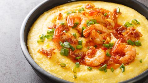 Shrimp And Polenta, Shrimp And Cheese Grits, Southern Shrimp And Grits, Oven Fried Fish, Stone Ground Grits, How To Cook Grits, Shrimp N Grits Recipe, Flavorful Shrimp, Carla Hall