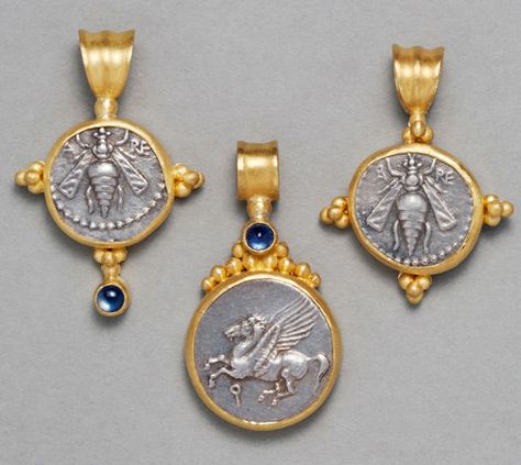 Antiquarium, Ltd.: pendants made from ancient coins, including Hellenistic silver Drachm of Arados (circa 169-168 BC) with the bee of Artemis facing forward, some set with cabochon sapphires Silver Coin Jewelry, Ancient Coin Jewelry, Byzantine Jewelry, Ancient Jewellery, German Silver Jewelry, Silver Jewellery Indian, Jewelry Bracelets Silver, Silver Jewelry Design, Ancient Jewelry