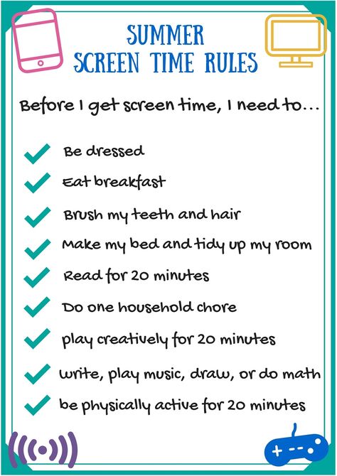 Today is officially our first day of summer vacation, so I had to roll out the "Screen Time Rules" for my kiddos.   Here's a printable o... Summer Screen Time Rules, Screen Time Rules Printable, Kids Summer Schedule, Summer Rules, Screen Time Rules, Rules For Kids, Summer Schedule, Kids Schedule, Smart Parenting