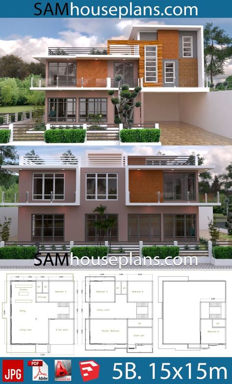 House Plans 15x15 With 5 Bedrooms In 2020 E20 Small House Roof Design, Minecraft Small House, Modern House Floor Plans, 2 Storey House Design, House Roof Design, Modern Bungalow House, Simple House Design, House Plan Gallery, Casas The Sims 4