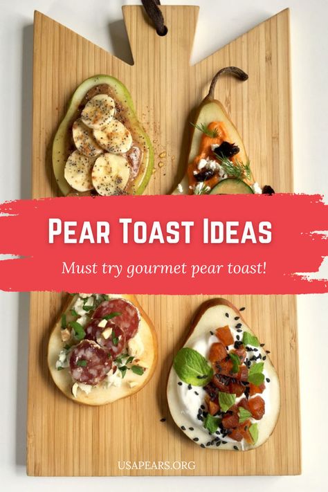 If you're searching for breakfast ideas, we're sharing some pear toast ideas that are truly like gourmet toast! Exchange that piece of bread for a slice of pear and add your pick of enticing toppings such as banana, peanut butter, honey, yogurt, and more. This healthy breakfast is a great way to use your ripe pears. This versatile breakfast dish can be customized to suit your taste, making it a perfect choice for a healthy snack. Save this pin to try your own pear toast creation. Toast Ideas Breakfast, Pear Toast, Gourmet Toast, Toast Ideas, Ripe Pears, Banana Peanut Butter, Honey Yogurt, Sliced Pears, Butter Honey