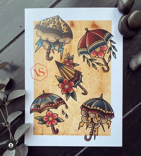 Umbrella Trad Tattoo, Traditional Tattoos Umbrella, Old School Umbrella Tattoo, Girly Old School Tattoo, Parasol Tattoo, Umbrella Tattoo Design, Traditional Umbrella Tattoo, Traditional Umbrella, Umbrella Tattoo