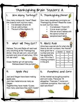 Math Brain Teasers, Thanksgiving Math Games, Thanksgiving Classroom Activities, Thanksgiving Math Activities, Thanksgiving Lessons, Thanksgiving Worksheets, Thanksgiving School, Thanksgiving Classroom, Holiday Math