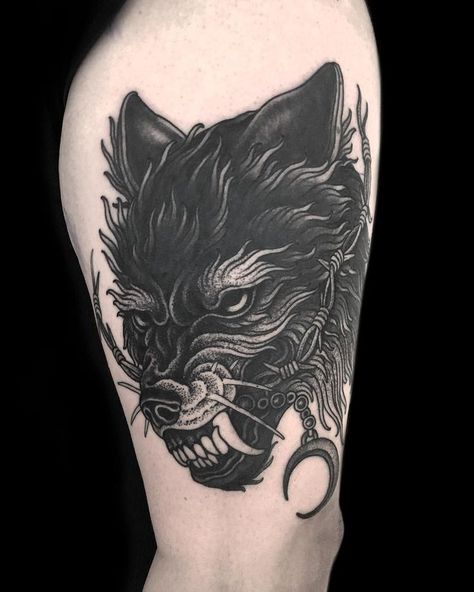 Dark Dog Tattoo, Blackwork Wolf Tattoo, Wolf Sleeve Tattoo, Wolf Tattoo Traditional, Fenrir Tattoo, Wolf Sleeve, Fenrir Wolf, Hannya Mask Tattoo, Medieval Tattoo