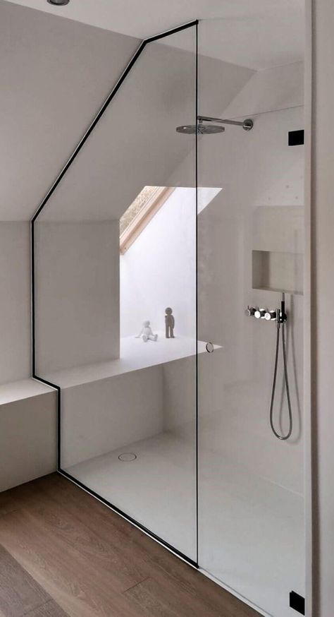 Sloped Ceiling Bathroom, Attic Shower, Small Attic Bathroom, Loft Conversion Bedroom, Acnh Basement, Loft Bathroom, Finished Basement Ideas, Bungalow Renovation, Bathroom Inspiration Modern