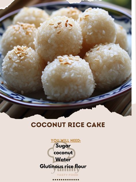 🍚🥥 Coconut Rice Cake (Palitaw) Balls—Chewy rice cake balls coated with coconut and sugar. A simple, delightful Filipino snack! 🌴🍡 #Palitaw #FilipinoSnacks Coconut Rice Cake (Palitaw) Balls Ingredients: Glutinous rice flour (1 cup) Water (1/2 cup) Grated coconut (1 cup) Sugar (1/4 cup) Sesame seeds (2 tbsp) Instructions: Mix rice flour and water into a dough. Form into small balls. Boil balls until they float. Roll in grated coconut mixed with sugar. Serve and enjoy! 🍚🥥 Enjoy these Coconut... Rice Cake Balls, Thai Coconut Rice, Filipino Snacks, Glutinous Rice Flour, Thai Coconut, Coconut Rice, Glutinous Rice, Rice Balls, Grated Coconut