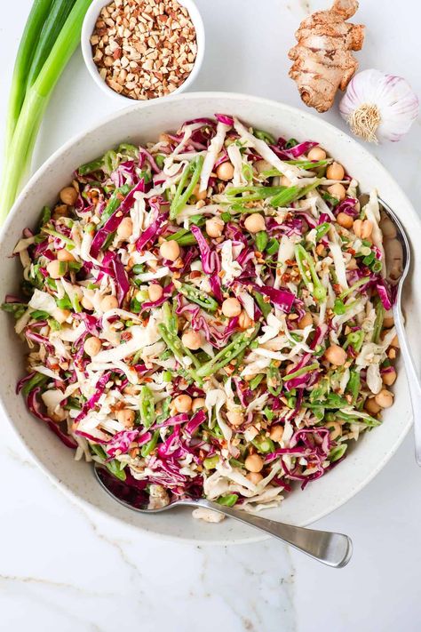 Crunchy Cabbage + Chickpea Salad – Goodness Avenue Cabbage Chickpea, Almond Butter Dressing, Butter Dressing, Amazing Vegetarian Recipes, Buttered Cabbage, Cabbage Rice, Cabbage Salad Recipes, Vegan Side Dishes, Vegan Sides