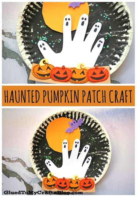 Haunted Paper Plate Pumpkin Patch At Night, Halloween Projects For Kindergarteners, Halloween Project For Preschool, Moms Night Fall Craft, Fall Take And Make Crafts, Halloween For Preschool Crafts, October School Crafts, Fall Craft Ideas For 2nd Grade, Halloween Themed Crafts For Kids