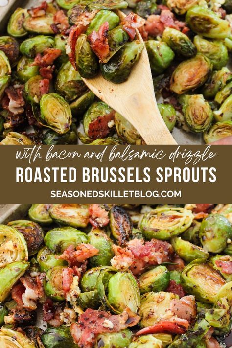 Roasted Brussels Sprouts with Bacon are the perfect side dish for the Thanksgiving and Christmas holidays! The caramelized roasted brussels sprouts, savoury bacon, and tangy balsamic vinegar provide a mouthwatering, irresistible flavour. Make this quick and easy recipe in about 30 minutes. Brussels Sprouts With Bacon And Balsamic, Oven Roasted Brussels Sprouts, Roasted Brussel Sprouts Oven, Balsamic Brussel Sprouts, Crispy Brussels Sprouts, Vegetable Salads, Brussels Sprouts With Bacon, Bacon Brussel Sprouts, Easy Vegetable