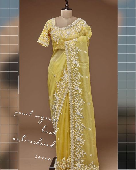 Handcrafted organza saree with intricate pearl work along the border with small pearl motifs on the saree✨ Get ready to dazzle this wedding season with Rityams! Our curated collection of sarees is perfect for celebrating in style. From vibrant colors to intricate designs, we have something for every festive occasion. Shop now and make a statement! Shop at rityams.com Product code : pearl Yellow organza hand embroidery saree Don’t miss out! Enjoy free shipping on all orders for a lim... Pearl Saree, Hand Embroidery Saree, Pearl Work, Fancy Saree, Yellow Pearl, Of Sarees, Embroidery Saree, Indian Aesthetic, Organza Saree