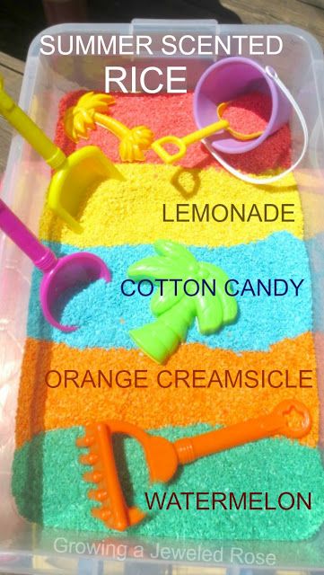 Capture all the best aromas of Summer with these Summer scented rice recipes- watermelon, cotton candy, lemonade, and orange creamsicle (amazing Summer SCENT-sory play) Rice Growing, Summer Scent, Educational Activities For Kids, Kids Sensory, Sensory Bin, Kool Aid, Play Food, Sensory Bins, Sensory Activities