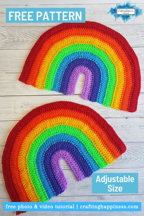 Crochet Rainbow - a free crochet pattern that can be adjusted to any size. This is a great project for using your scrap yarn, it works up fast and you can complete it in a couple of hours. Use this free pattern to crochet a rainbow wall hanging, rainbow window display, rainbow appliques and more. #crochetforbeginners #crochet #freecrochetpatterns #crochetrainbow #nurserycrochet #nurseryideas #crochetappliques Boho Rainbow Crochet Blanket Pattern, Crochet Rainbow Wall Hanging Free Pattern, Crochet Rainbow Bunting, Crochet Rainbow Applique Free Pattern, Rainbow Crochet Wall Hanging, Crochet Rainbow Wall Hanging Pattern, Rainbow Crochet Free Pattern, Crochet Rainbow Pillow Free Pattern, Crochet Rainbow Pattern