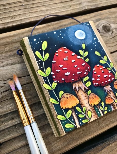 Red and orange mushroom painting on aspen wood Burning On Wood, Mushroom Painting Ideas, Kids Painting Projects, Nature Inspired Painting, Mushroom Painting, Mushroom Paint, Wood Slice Art, Arte Inspo, Mushroom Art