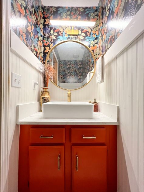 Artsy Bathroom, Half Bathroom, Basement Bathroom, Half Bath, Pop Of Color, Powder Room, Basement, House Ideas, Color Pop